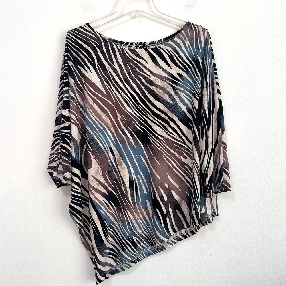 Clara Sun Woo Asymmetric Tunic Top XL Animal Print‎ Boxy Dolman Sleeve Party